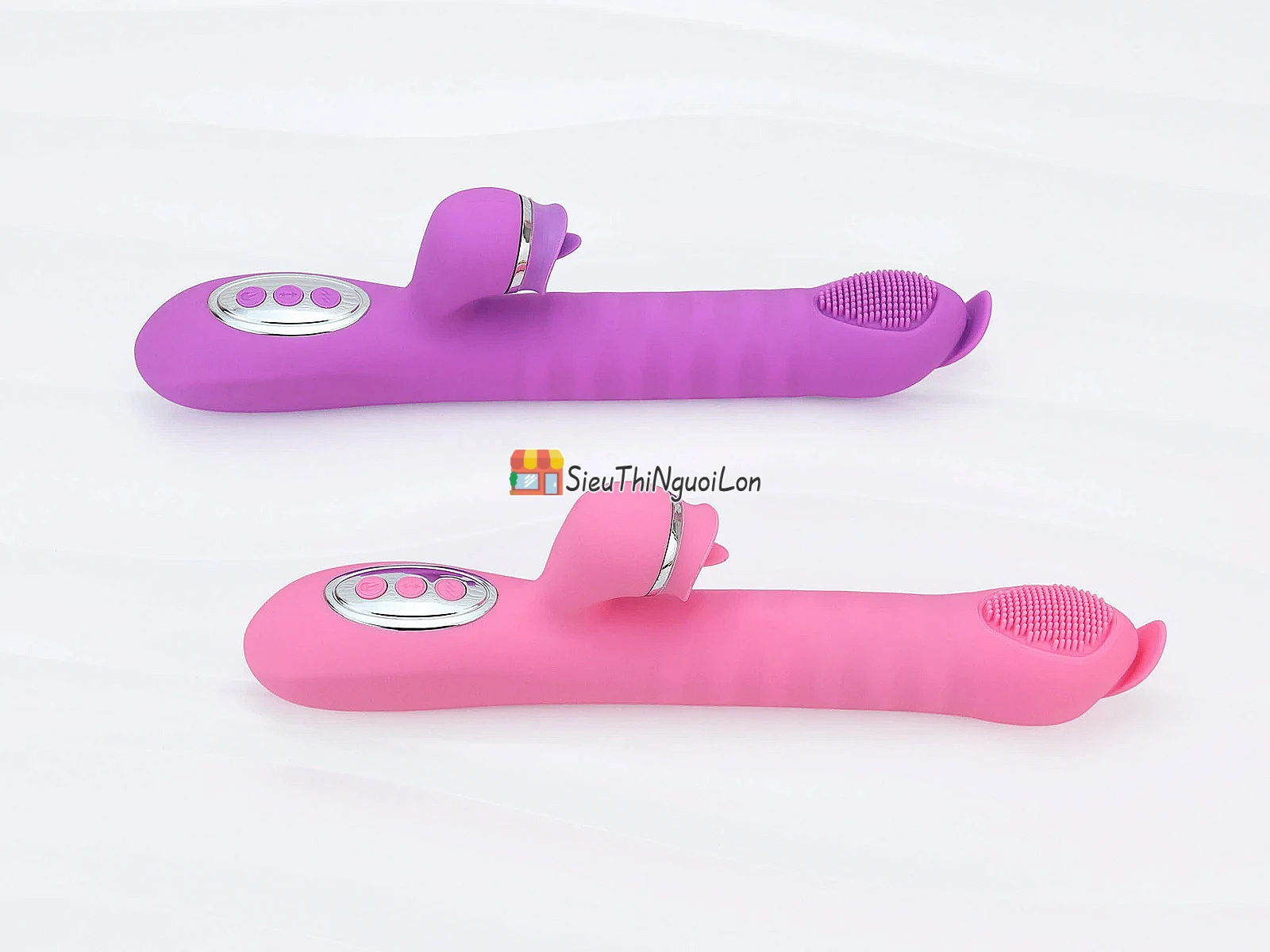 Dương vật giả lưỡi 2 đầu Telescopic liếm, rung, thụt pin sạc, ấm nóng