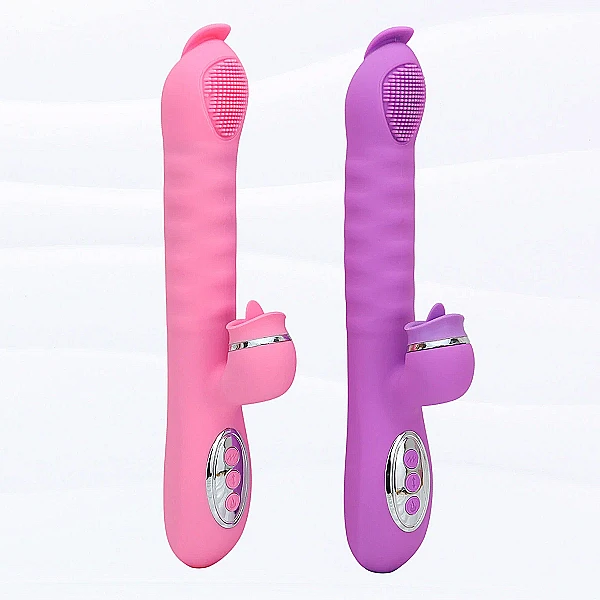 Dương vật giả lưỡi 2 đầu Telescopic liếm, rung, thụt pin sạc, ấm nóng