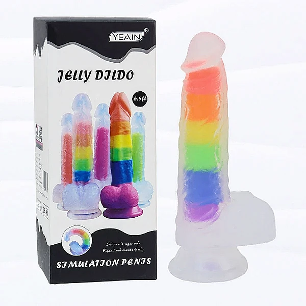 Dương vật giả có đế Jelly Dildo trong suốt 7 sắc màu cầu vồng